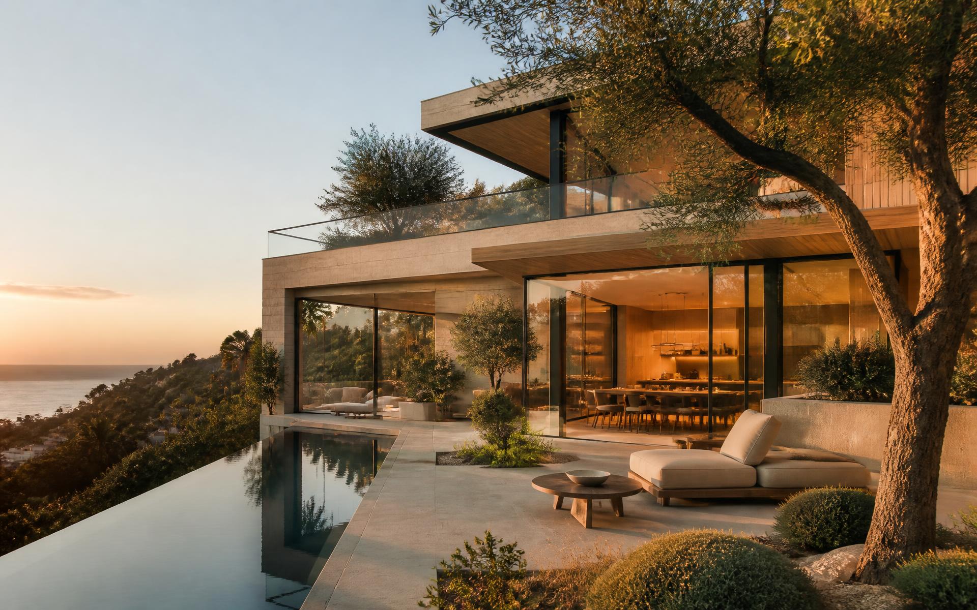 Modern Southern California hillside residence with floor-to-ceiling glass, limestone and white oak at golden hour