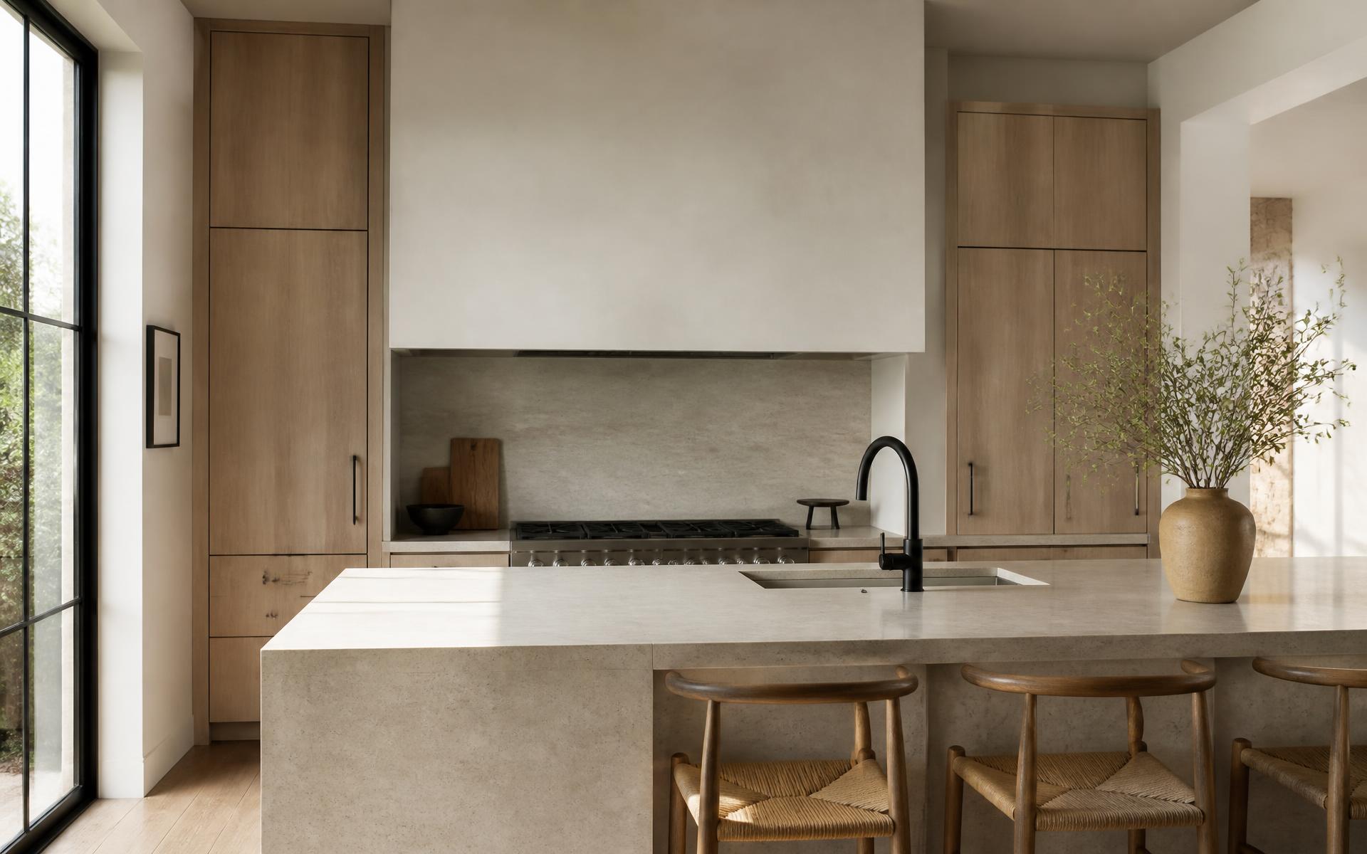 High-end minimalist kitchen with white oak cabinetry, stone waterfall island and matte black fixtures