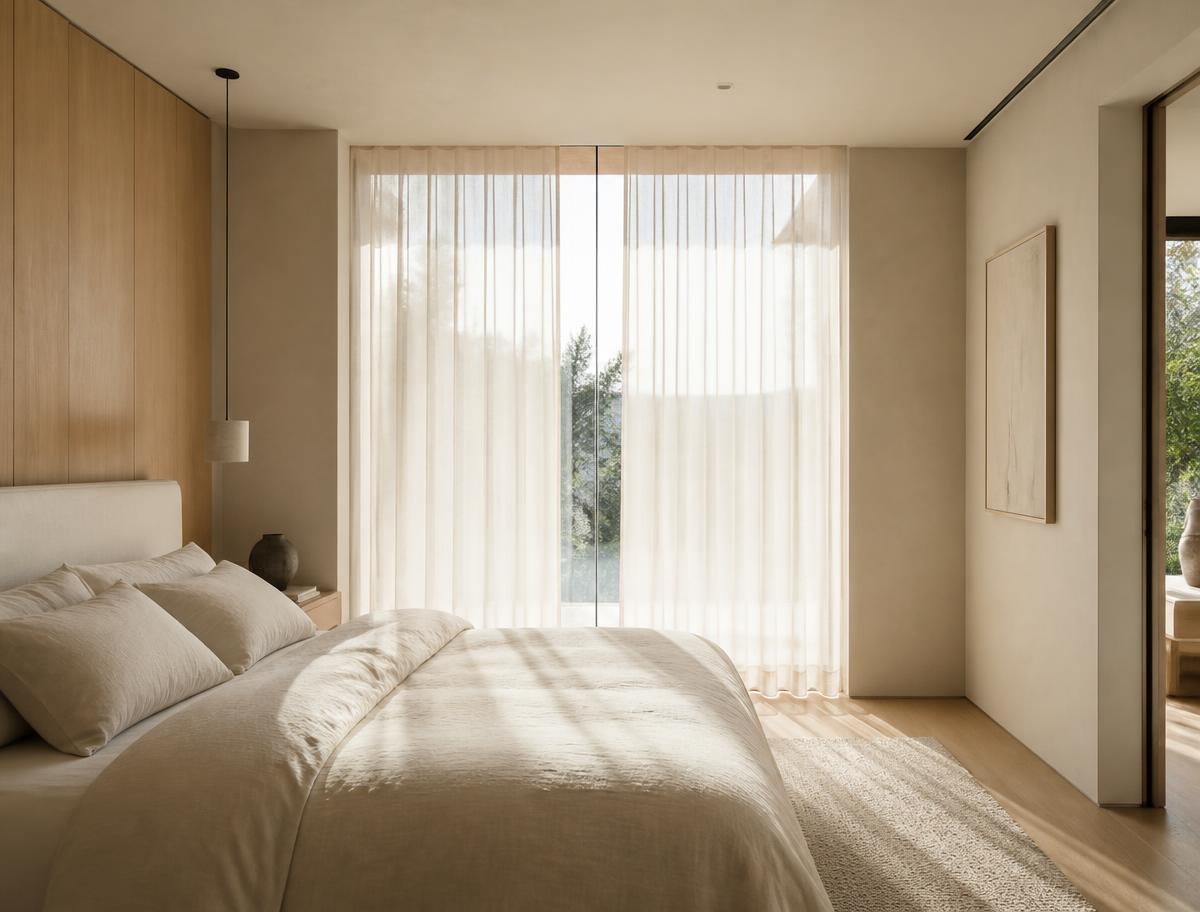 Minimalist bedroom with white oak paneling, plaster walls and sheer curtains in warm daylight