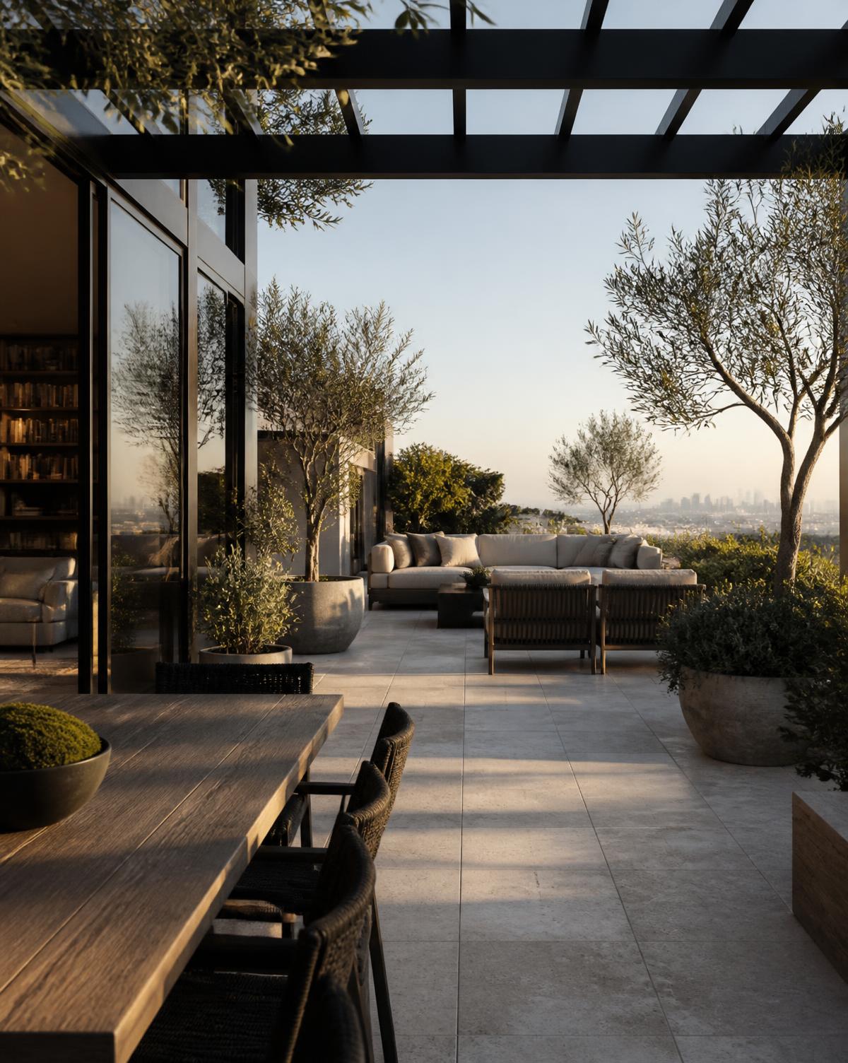 California indoor-outdoor terrace with limestone paving, black steel pergola and olive trees