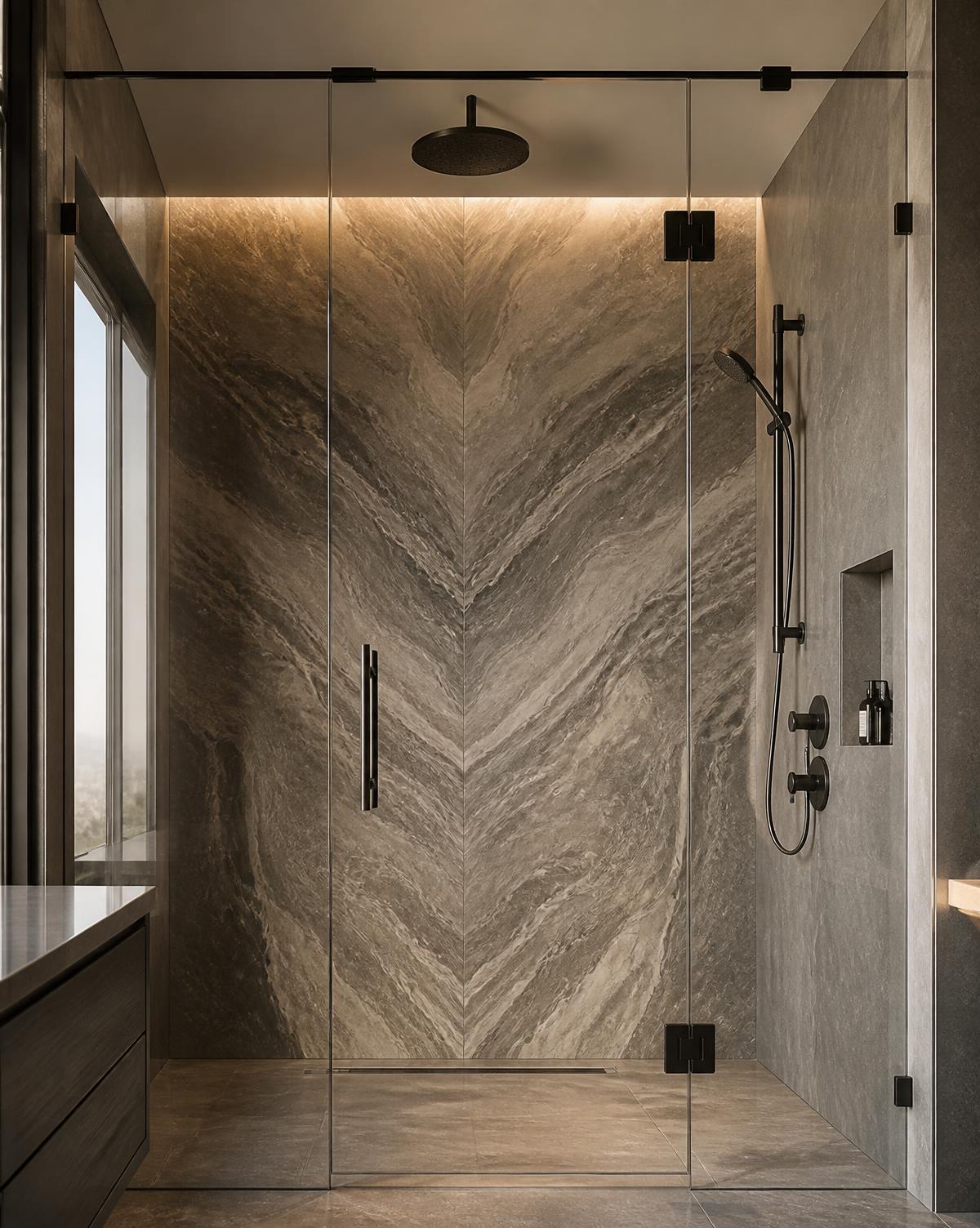 Custom walk-in shower with book-matched stone slab walls, frameless glass and matte black fixtures